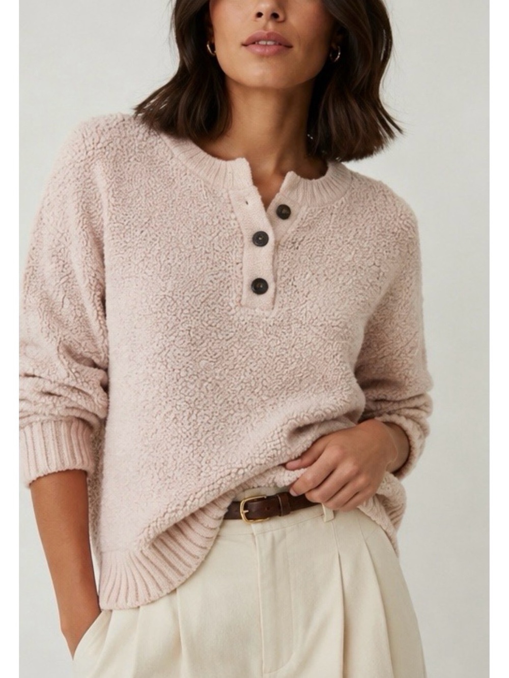 La Hearts Teddy Fleece Sweater Women’s Small Light Pink Blush Henley Pullover